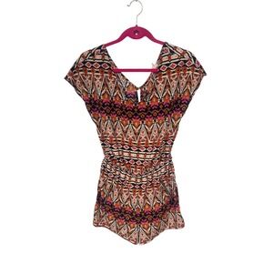 One Clothing Women Geometric Tribal Print Romper Orange Pink Black Small